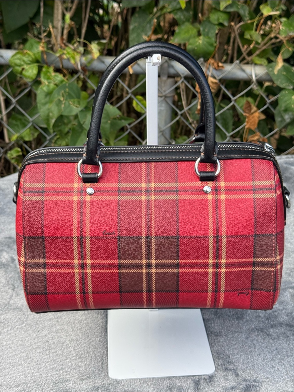 Coach Medium Rowan Satchel in a tartan plaid print featuring black leather trim. - Picture 2 of 12